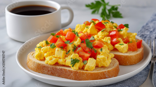 Scrambled eggs with diced tomatoes and parsley served on toasted bread, accompanied by a cup of black coffee on a marble countertop