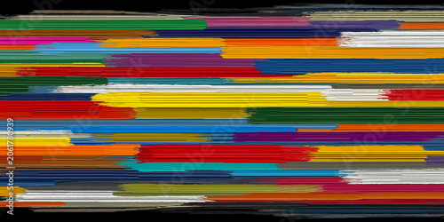 Abstract colorful brush strokes in horizontal lines creating a vibrant pattern on a black background, showcasing a blend of various hues and textures