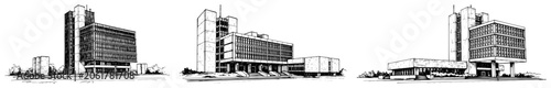 Fotografie Modernist and brutalist institutional buildings with concrete facades in hand dr