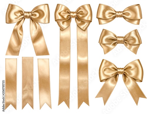 A set of golden ribbons and bows on a white background