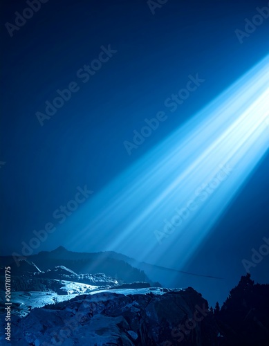 A serene mountainous landscape illuminated by radiant beams