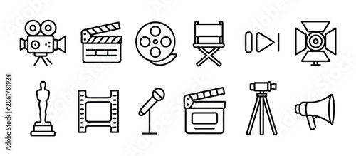 Foto Cinema Iconography Collection: A collection of line art icons representing various elements of filmmaking