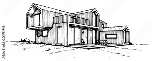Obraz na plátně Modern cantilevered wooden house on a hillside with contemporary architectural d