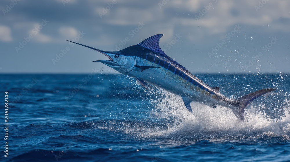 Obraz premium Blue marlin leaping over a deep blue ocean at dawn