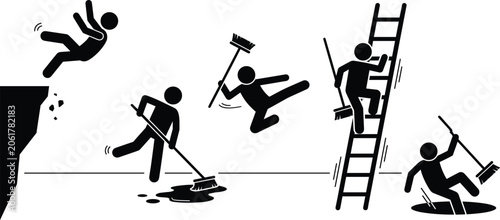 Fotografie Workplace accidents and cleaning hazards icon set with stick figure silhouettes