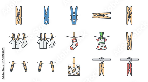Foto Clothesline Icons: Clothespins Holding Laundry and Fabric Swatches