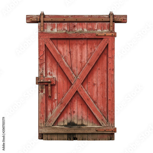 Rustic red barn door with weathered wood texture, vintage sliding farm door on white background, antique wooden stable entrance with metal hardware