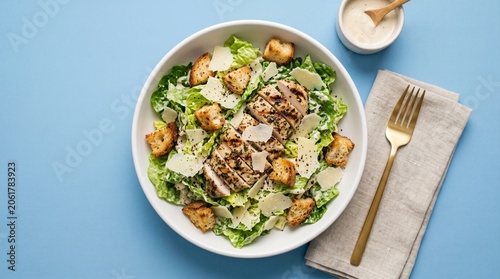 Caesar salad in bowl, Romaine lettuce, grilled chicken strips, parmesan flakes, golden croutons, artistic arrangement, flat solid sky blue background