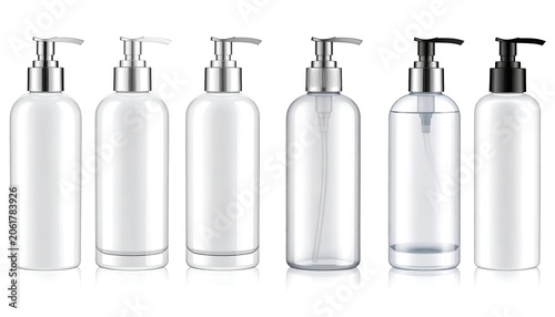 A set of seven empty clear plastic bottles with silver and black pumps
