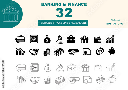 Banking and Finance Icon Set Collection – 32 Editable Line and Filled Financial Vector Icons Including Bank, Wallet, Money, Investment, Loan, Savings and Business Symbols