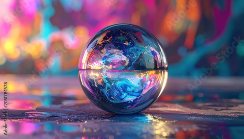 Crystal Ball Reflecting Vibrant Abstract Lights on Wet Surface.