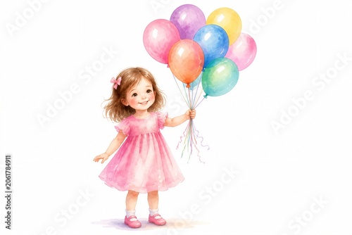 Little girl holding colorful balloons in white background