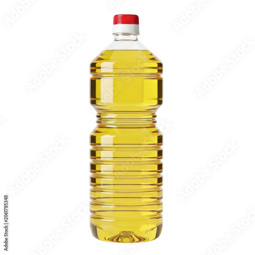 Sunflower vegetable oil in plastic bottle with red cap, golden liquid cooking oil for kitchen use, isolated organic oil container on white background