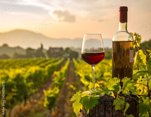 A serene vineyard scene with a glass and bottle of red wine on a wooden post
