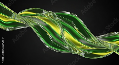 Abstract green flowing glass wave on black background.