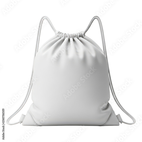 White drawstring backpack mockup, blank fabric cinch bag on white background, minimalist textile sport sack for branding and merchandise design