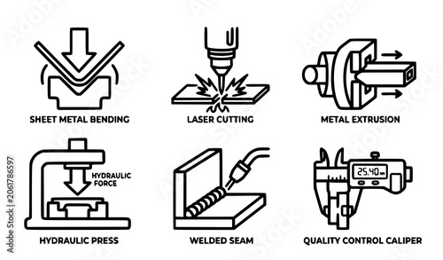 Metal fabrication processes and sheet metal bending line icon set for manufacturing company business presentations