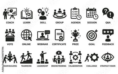 Business team collaboration and leadership icons for web and app design