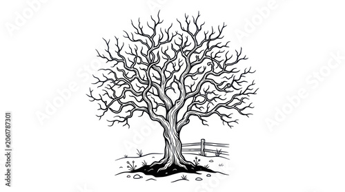 Quadro su tela Bare Tree Illustration, Winter Season, Textured Bark, Twiggy Branches, Rural Fen
