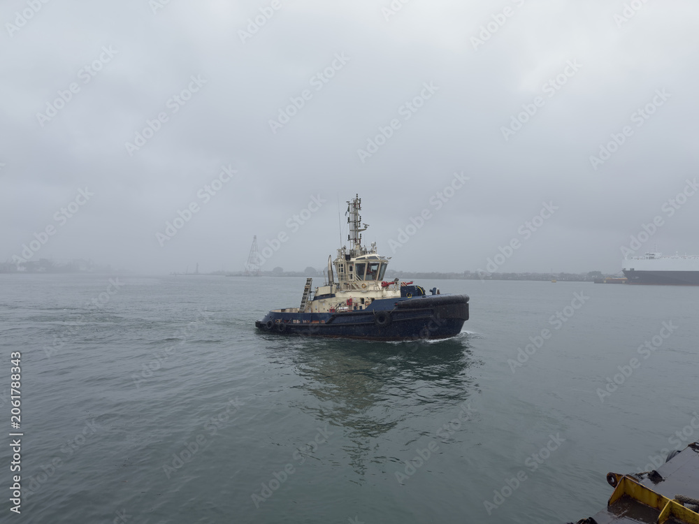 Obraz premium tug boat proceeding to assist the cargo ship for mooring operations during the rain weather.