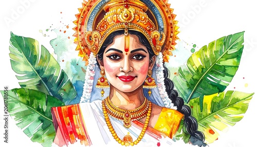 A serene watercolor portrait of a woman with traditional adornments and lush green leaves