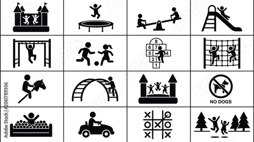 Children activities are displayed as a collection of black pictograms showing recreational equipment and playground games.