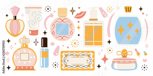 Photography Assorted perfume bottles and cosmetic containers vector illustration