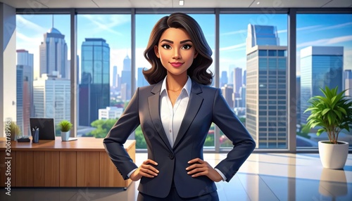 Confident Businesswoman Standing in Modern Office with City View.