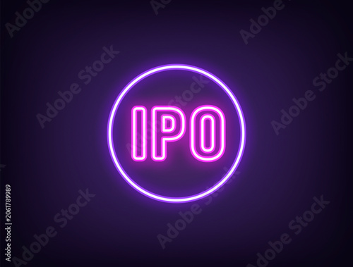 Outline neon IPO icon, violet magenta. Neon round tag for Initial public offering. New public company on stock market, attract funding with IPO, investments in business, shares trade launch. Vector
