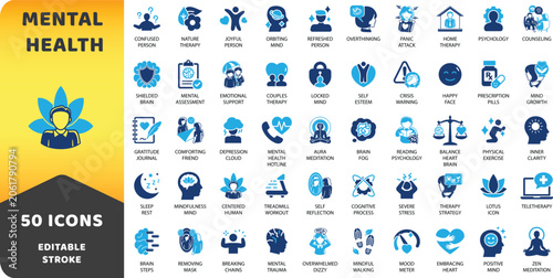 Obraz na płótnie Mental health and wellness solid icon set