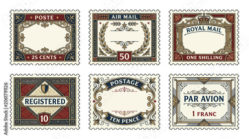 Fotografía Vintage Postage Stamps Collection: Royal Mail, Air Mail, Registered, Poste