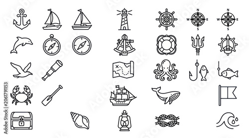 Nautical Icons Set: Sailing, Ocean, Marine Life, Navigation, and Adventure Symbols