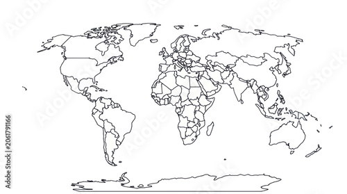 World map outline, continents and countries, graphic illustration, white background