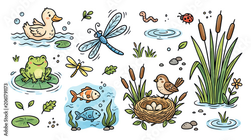 Cute Pond Animals and Insects Collection: Duck, Frog, Fish, Bird, Dragonfly
