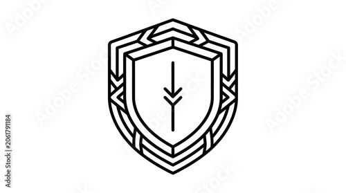 Modern shield emblem with downward arrow icon, security and protection concept