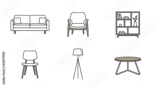 Modern Furniture Collection: Sofa, Armchair, Bookshelf, Chair, Lamp, Table