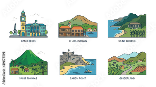 Caribbean Island Scenes: Basseterre, Charlestown, Saint George, Saint Thomas, Sandy Point, Gingerland
