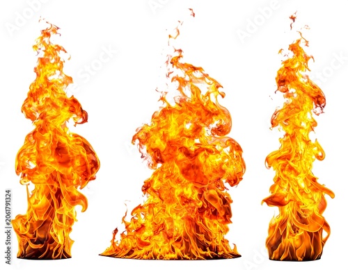 A set of three vibrant orange flames with yellow tips on white