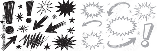 Hand drawn comic sketch elements vector set with arrows exclamation marks starbursts and stars for graphic design accents