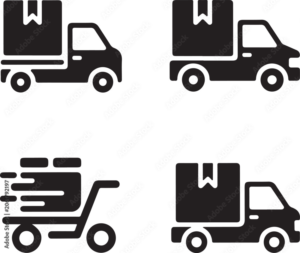 Naklejka premium Four black glyph representing delivery trucks and logistics services on a plain white background d