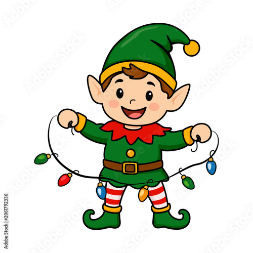 Elf boy, cartoon illustration, Christmas elf holding a string of colored lights 