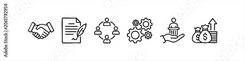 A minimalist set of business line icons representing key concepts: handshake partnership, contract signing, teamwork circle, gear workflow, leadership support, and financial profit growth.