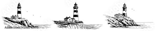 Lighthouse on rocky cliff by the ocean in black and white sketch style