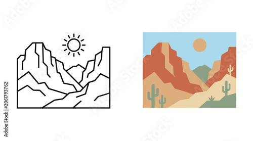Fotografie Arid canyon mountains and sun landscape vector