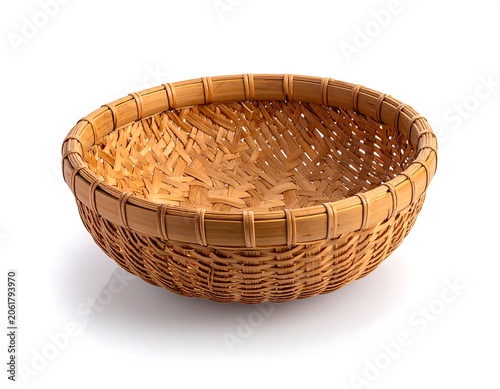 A shallow, empty woven basket with a rounded shape