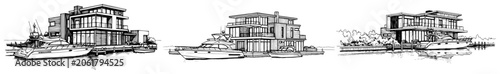 Fotografia Modern luxury houseboat collection featuring contemporary waterfront homes and y