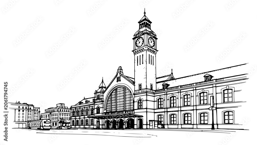 Obraz premium Historic train station featuring grand architectural facade and clock tower in black and white line art style