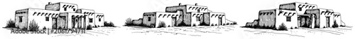 Pueblo style adobe house set featuring southwestern architectural designs in black and white line art style