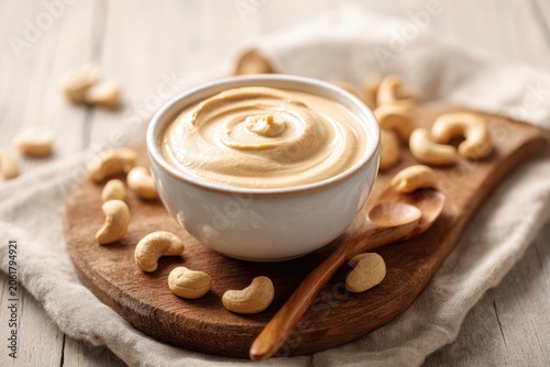 Creamy nut butter presentation in a white bowl, scattered cashews, warm natural lighting