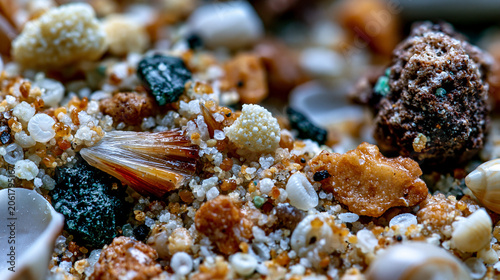 Seabed biogenic sediment close detail, echinoid spine fragments, foraminifera tests, coral rubble chips and gastropod shell detritus in carbonate sand matrix, grain scale ecological archive, overcas